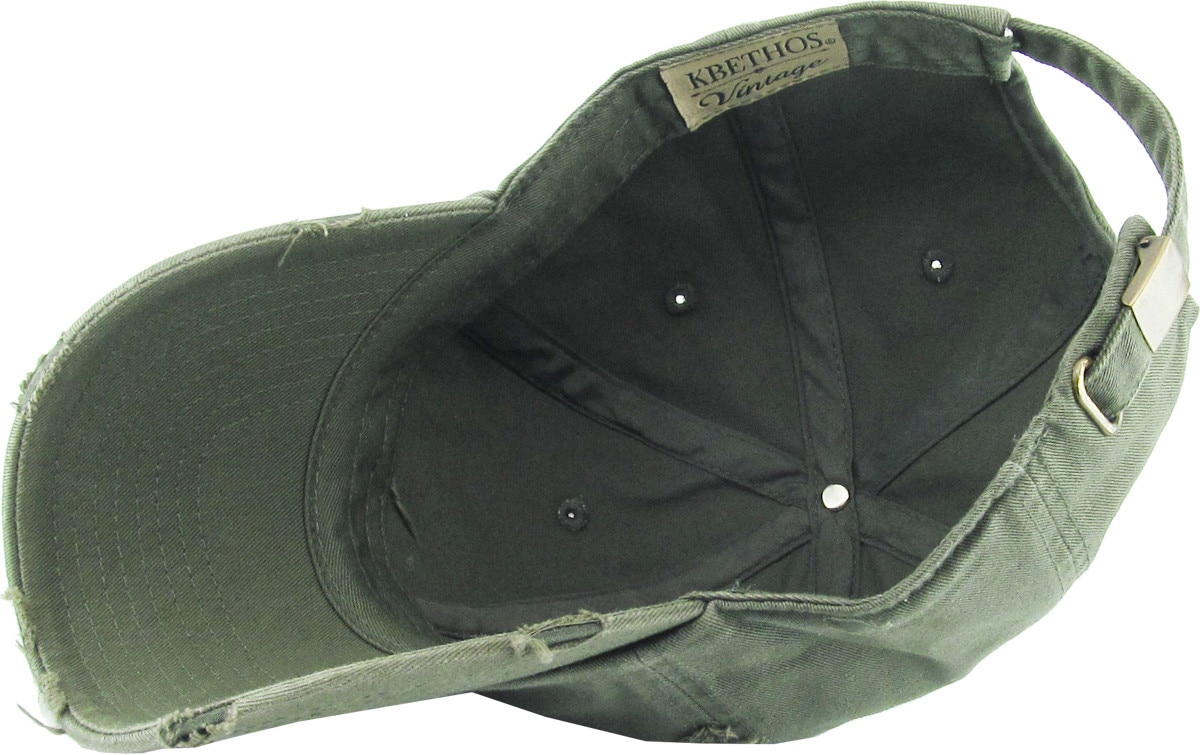 Olive Distressed Vintage Baseball Cap Inside Turned Over View